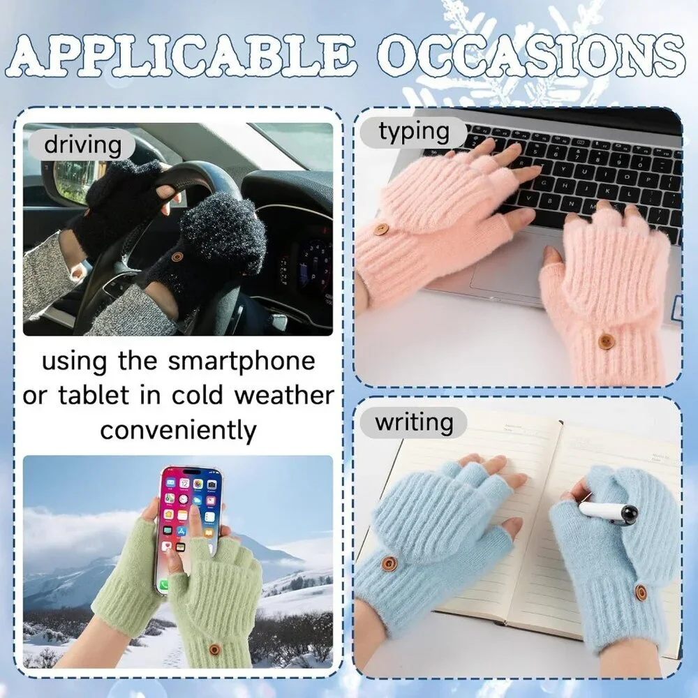 Women's Winter Warm Mittens Knitted Pink Gloves Fingerless Button Closure